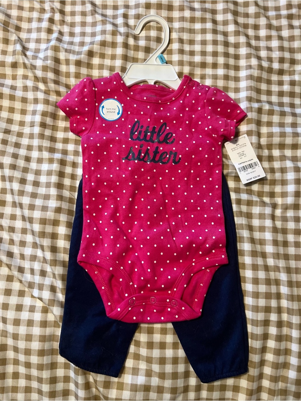 Carter's Hot Pink Polka Dot "Little Sister" Bodysuit with Navy Pants